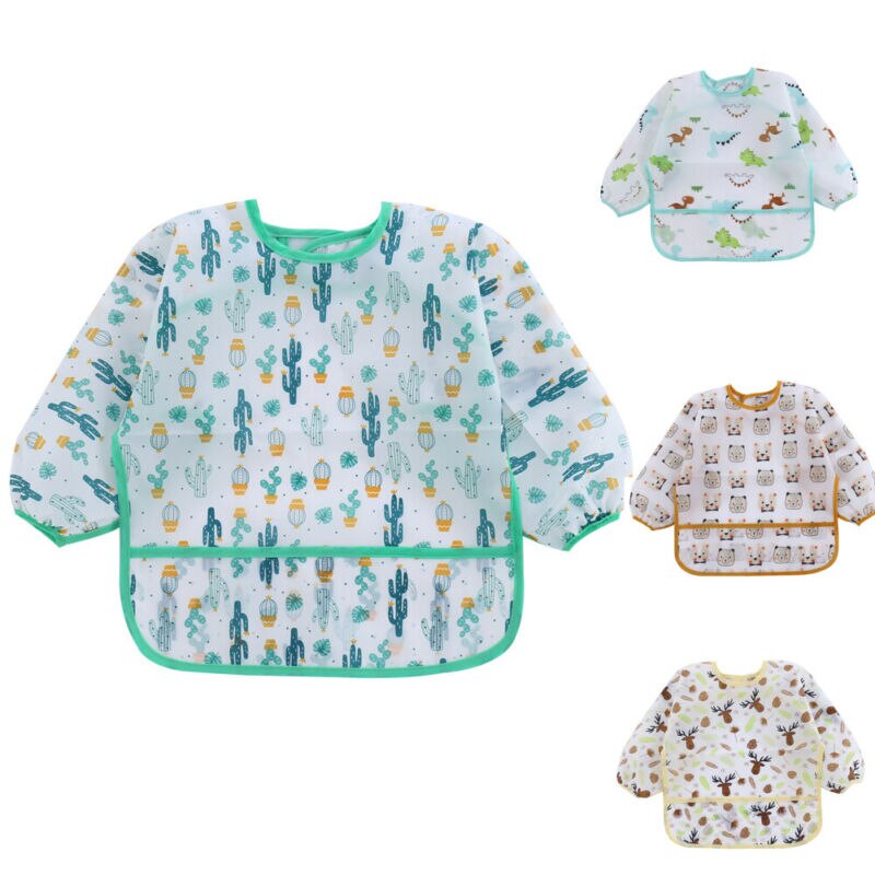 Baby Kids Peuter Lange Mouwen Waterdicht Art Kiel Feeding Bib Leuke Cartoon Dinosaurus Spuugdoekjes Schort Pocket 1-6Y