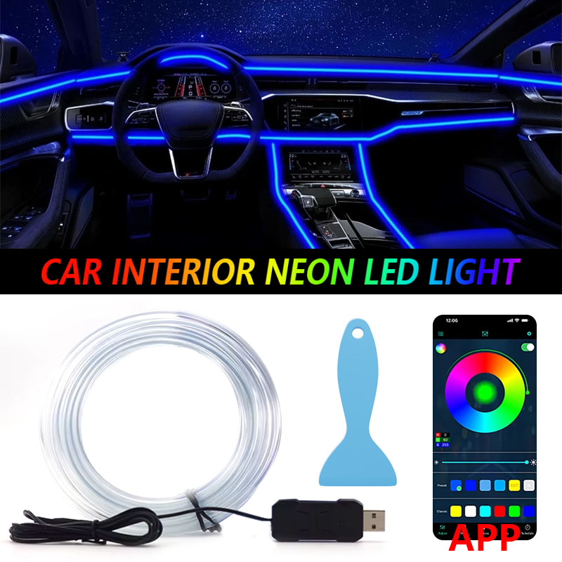 Tira de luces LED ambiental RGB para coche, 1/2/3/4/5M, Control por aplicación, lámpara de ambiente de fibra óptica USB, luces decorativas para consola Interior de neón