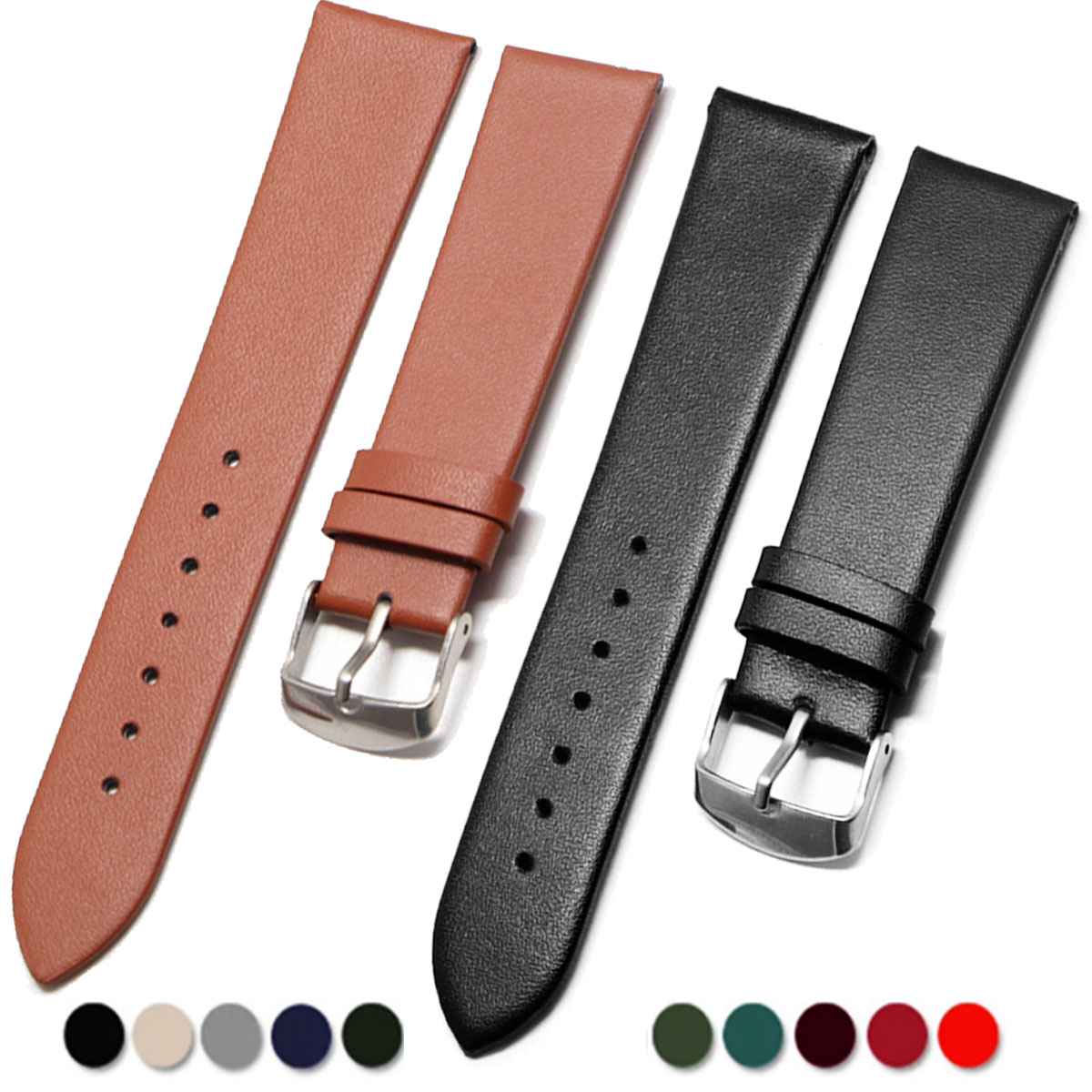 Kalbsleder-Uhrenarmband, 12 mm, 14 mm, 16 mm, 18 mm, 20 mm, 22 mm, echtes Leder-Uhrenarmband mit silberner Dornschließe
