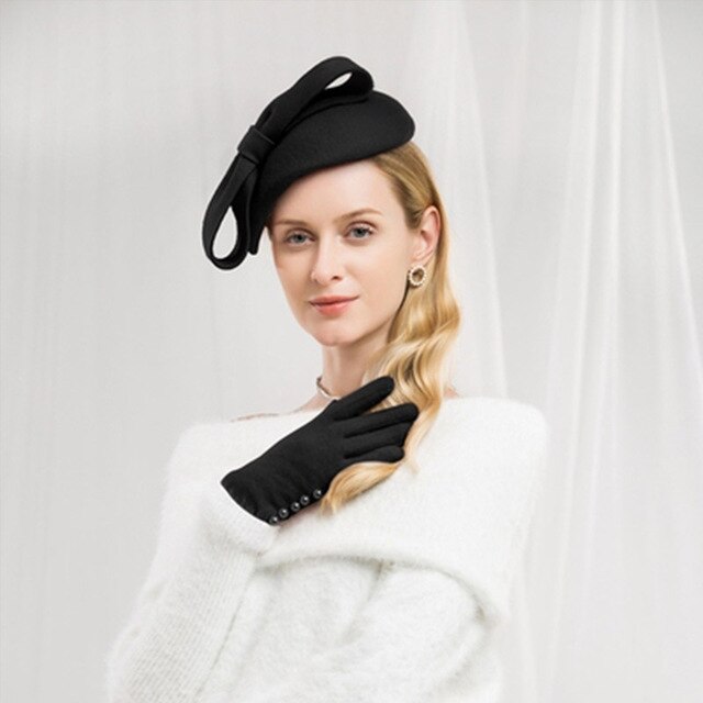 FS Lã Fascinator Pillbox Chapéu de Casamento Das Mulheres Elegantes Chapéus de Inverno Preto Azul Vermelho Senhora Bowknot Kentucky Derby Sentiu Fedoras Caput: Black Derby Hat