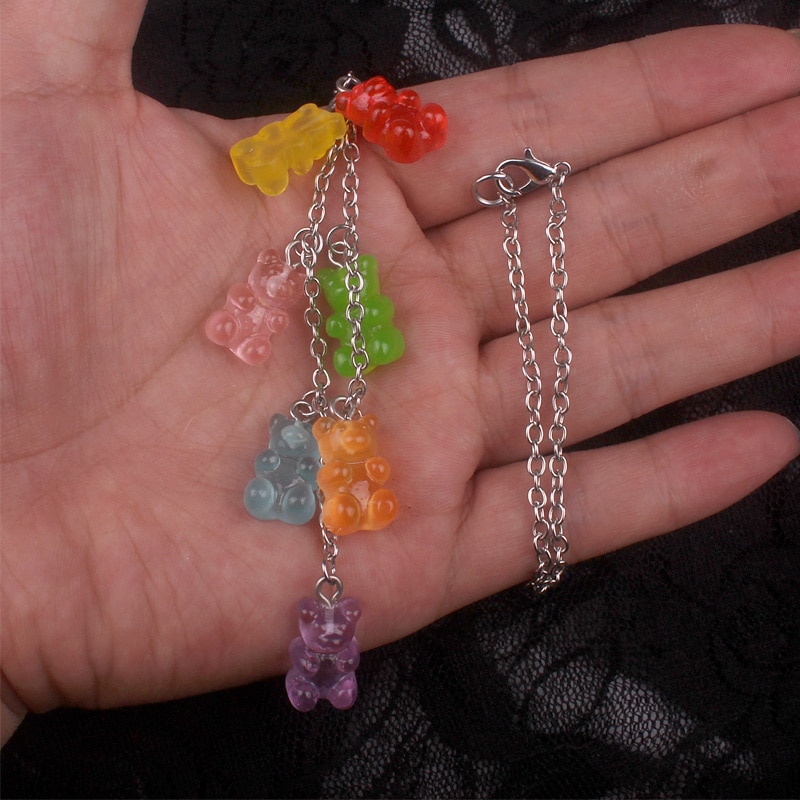 7 Colors Rainbow Cute Jelly Bear Gummy Necklaces for Women Girls Cool Punk Girl Hip Hop Resin Necklaces Women's Accessories