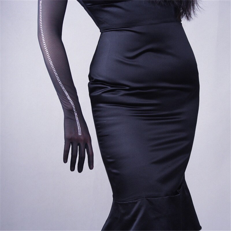 Women Gloves White Silk Elastic Lace Ultra-Thin Long Style Woman's Black Retro Mesh Evening Vestido Gloves TB67: Rhinestone Black