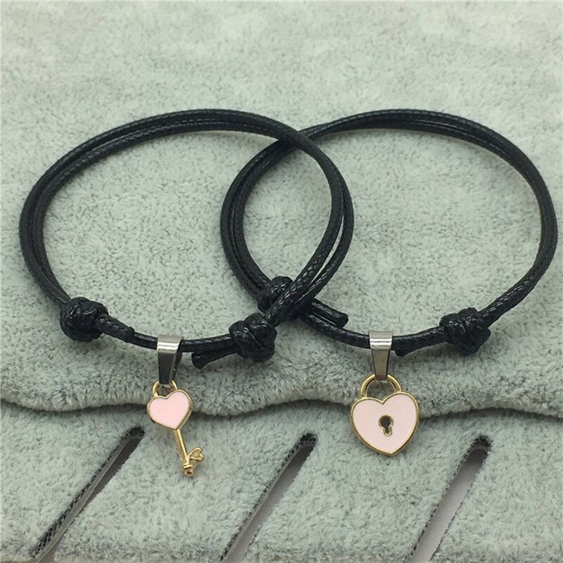 Paar Lichtmetalen Key Heart Lock Charm Armband Voor Vrouwen Handgemaakte Sieraden Touw Liefhebbers Viintage Sieraden
