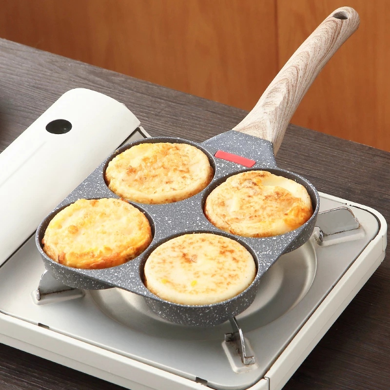 4 Holes Egg Frying Pan Multifunction Hamburger Steak Non Stick Pan Wooden Handle Cooking Pan Cooking Utensils