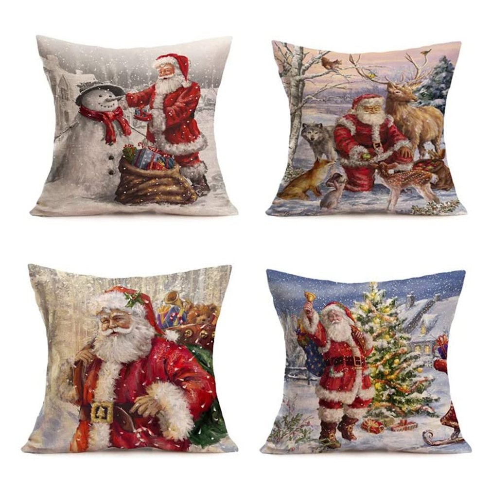 Kerst Kussenhoezen Set Van 4 Katoen Linnen Afdrukken Kussenhoezen Decoratieve Kussenhoes Voor Sofa Kantoor 45X45 cm: 8