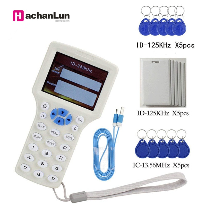 Lector de fotocopiadora de tarjetas RFID, duplicador escritor inglés, programador de frecuencia 10, ID de tarjetas IC + 5 uds. De tarjetas de identificación y llavero + 5 uds. De tarjetas UID
