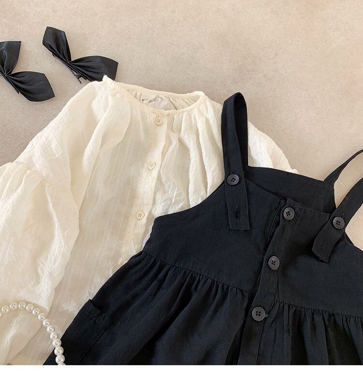 Meisjes Lente Mode Witte Blouse En Zwarte Overalls Jurk Kinderen Alle-Match Outfits 2 Stuks Sets