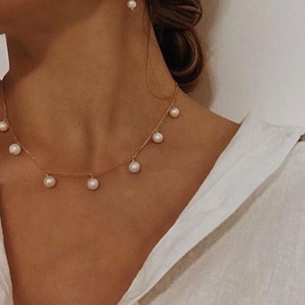 Neue Perlen frauen Hals Kette Perle Halsband Halskette Gold Farbe Goth Chocker Schmuck Auf Den Hals Anhänger Kragen für Mädchen