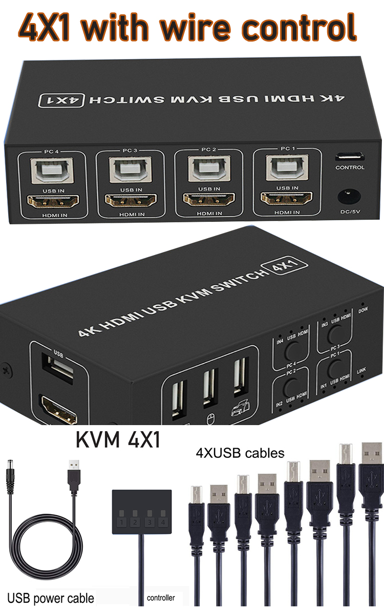 HDMI KVM Switch 4K 60Hz 4-port USB KVM HDMI Switch selector Box USB 2.0 and HDMI 2.0 Switch KVM HDR for mouse,keyboad,monitor: black