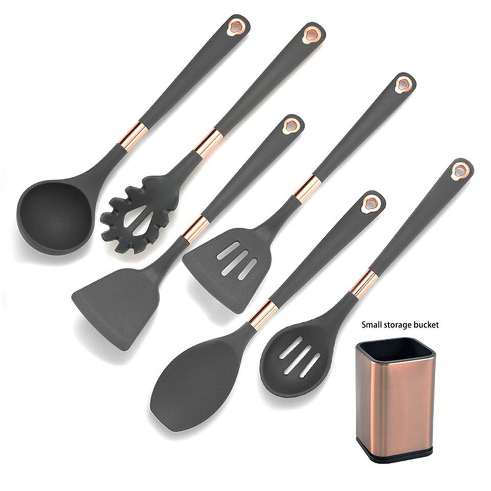 Silicone Kitchenware Set Cooking Tools Rose Gold-plated Simple Hanging Hole Easy To Store Kitchen Utensils Accessories Non-Stick: 7 PCS-3