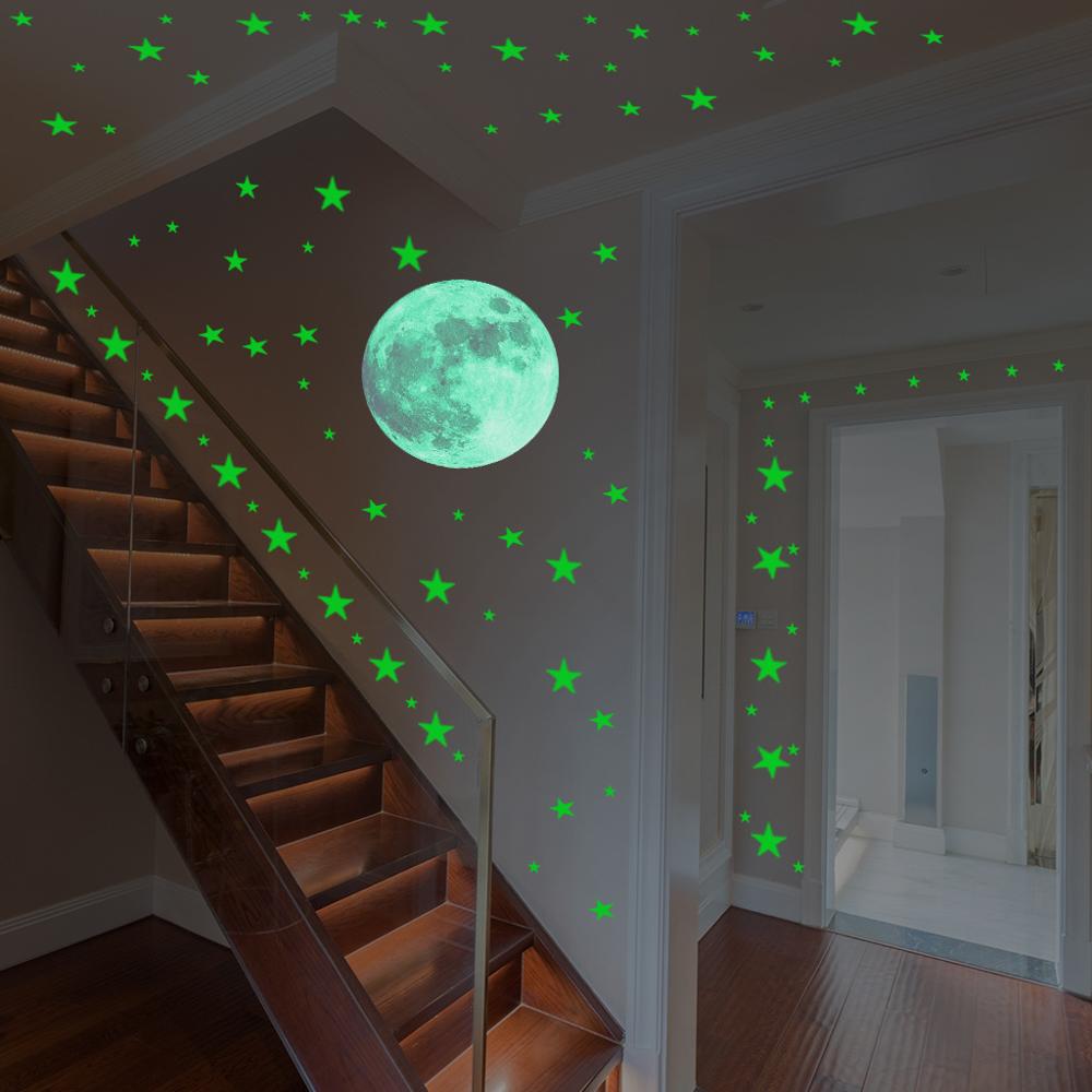 Lichtgevende Maan Dots Sterren Cartoon Diy Muurstickers Voor Kinderkamer Slaapkamer Glow In The Dark Muursticker