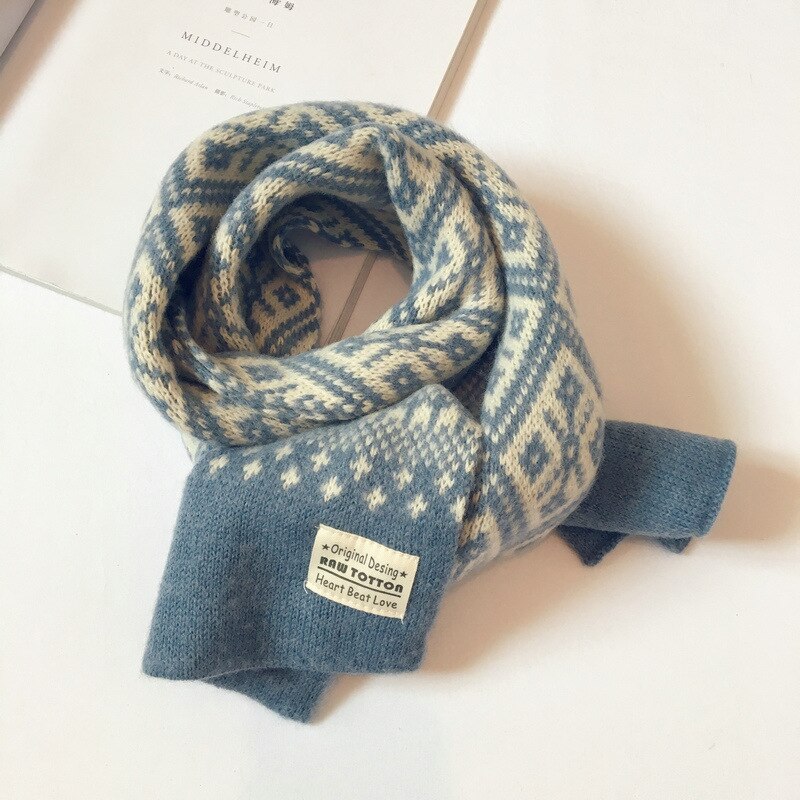 Höst vinter barn scarfs för flickor pojkar retro geometriskt mönster ull stickad baby scarf varm sjal barn halsdukar: Blå / Ull-