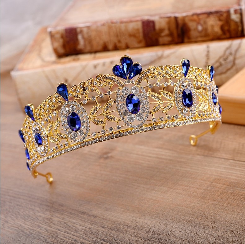 Baroque Luxury Handmade Rhinestone Bridal blue Crystal Big Crown Tiaras Diadem for Bride Headbands Wedding Hair Accessories