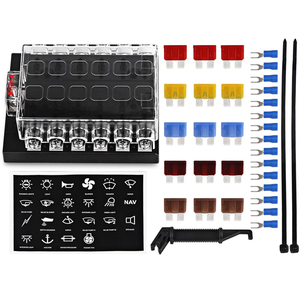Caja de fusibles de 12 vías para barco marino, 12V 24V, Base de fusible, soporte de bloque, tuerca de tornillo, Terminal, fusibles gratis, indicador LED, cubierta impermeable