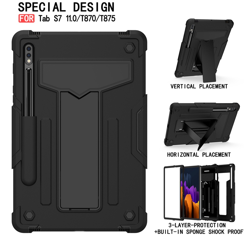 For Samsung Galaxy Tab S7 S 7 T870 T875 11 inch Case Kids Safe Hybrid Stand Full Body Silicon Hard Plastic Kickstand Cover Funda: Black Black