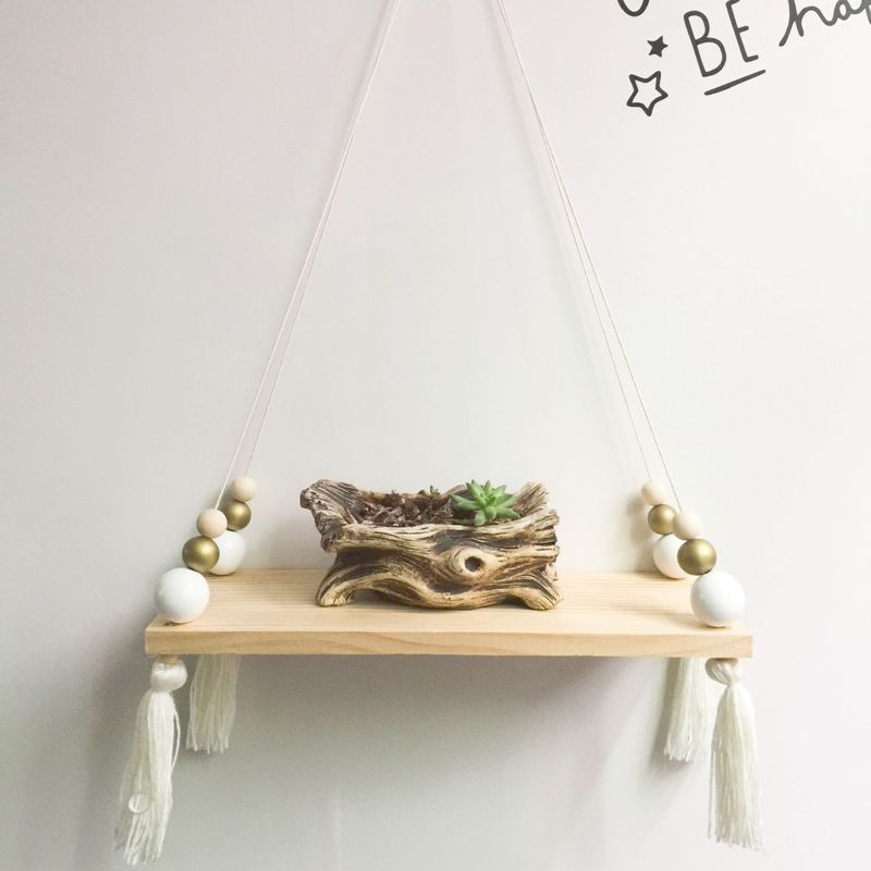 Wall Hanging Handmade Wood Rope Swing Storage Rack Kids Room Storage Holder Floating Display Shelves Wall Decoration