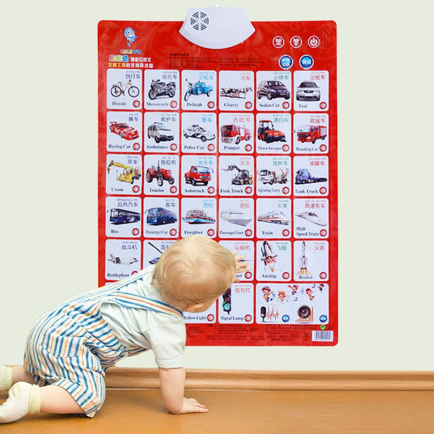 Besegad børn pædagogisk engelsk kinesisk lyd vægkort plakat til børn småbørn hjemme førskole børnehave læring legetøj: Køretøj