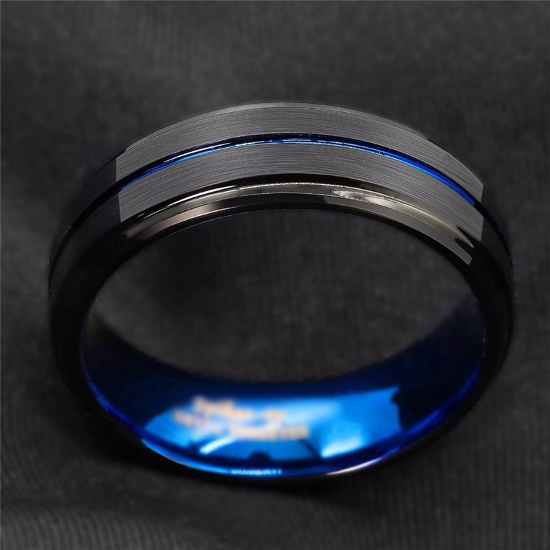 Anelli per fedi nuziali in tungsteno nero da uomo di moda 8mm Anello di fidanzamento con bordo smussato con scanalatura blu per gioielli da regalo di san Valentino maschile