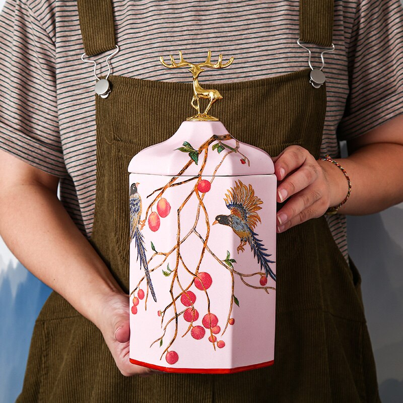 Kleur Bloem Gouden Vogel Herten Snoeppot Keramische Opslag Fles Huishouden Moer Thee Tin Vochtbestendige Opbergdoos Porselein ambachten