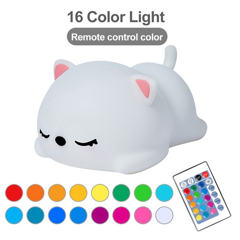 Nachtlicht katze silikon nachtlicht usb-wiederaufladbar touch-sensor schlafzimmer bettlampe mit fernbedienung für kinder baby dekoration: Fernbedienung mit 16 farben
