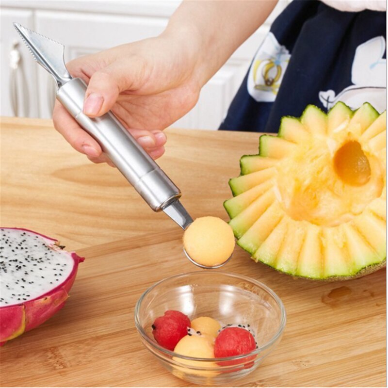 Køkkentilbehør dobbelthoved melon ske udskæring kniv rustfrit stål vandmelon frø grøntsagsskærer form til madlavning .8z
