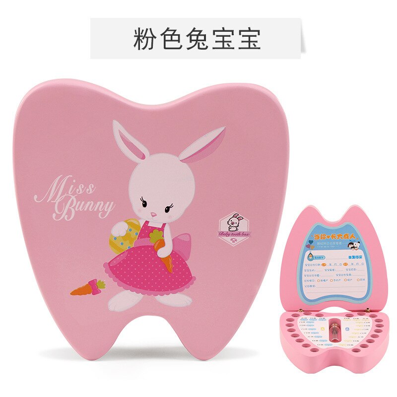 Children GIRL'S Boy Teeth Collection Box Wooden Baby Changing Deciduous Teeth Memorial Box: Powder Bunny  Pink