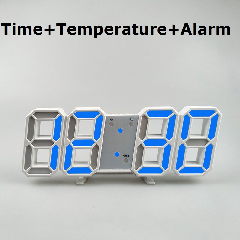 3D horloge moderne numérique 12/24 heure affichage de l'heure mur LED horloge LED rétro-éclairage support de température ou suspendus alarmes pour chambre à coucher: White Shell Blue