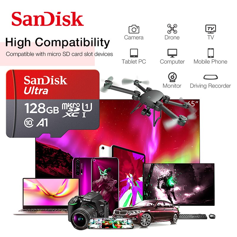 SanDisk – carte Micro SD, 16 go/32 go/64 go/UHS-I go/128 go/256 go, 98 mo/s, A1, Ultra, TF, envoi rapide et Standard