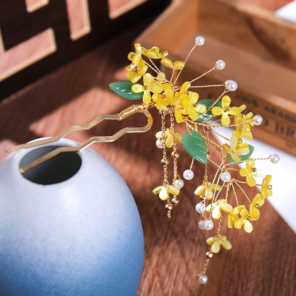 Chinese Ancient Style Hairpins Clips Yellow Osmanthus Fragrans Flower Hair Sticks Forks for Women Girls Hanfu Dress Hair Jewelry