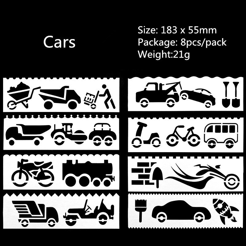 8 Stks/pak Sjabloon Heerser Leuke Multifunctionele Hollow Tekening Liniaal Voor Kinderen Student Briefpapier School Kantoorbenodigdheden: Cars