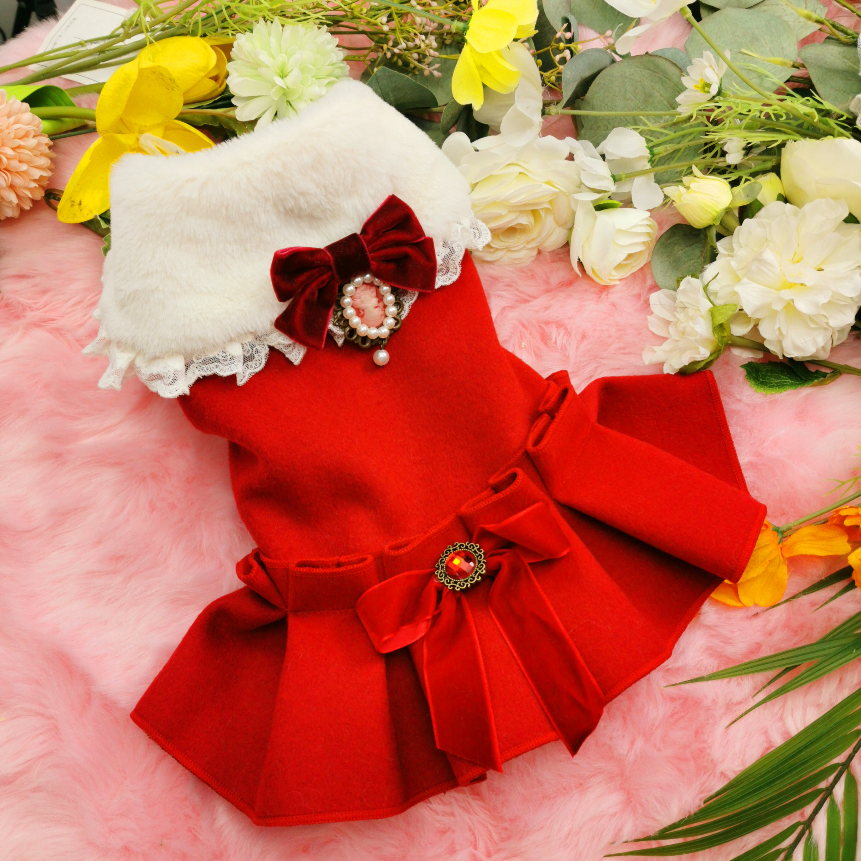 Autumn Winter Year Red Pet Dog Clothes Plus Velvet Warm Woolen Cloth Bow Dress For Small Medium Dog Outfits Dog Jackets