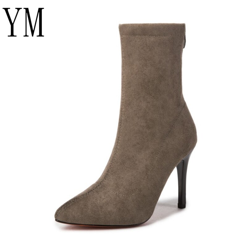 Dam sock boots spetsiga tå elastiska hög slip on häl hög ankel pumps stilett botas mujer höga boots zapatos muje