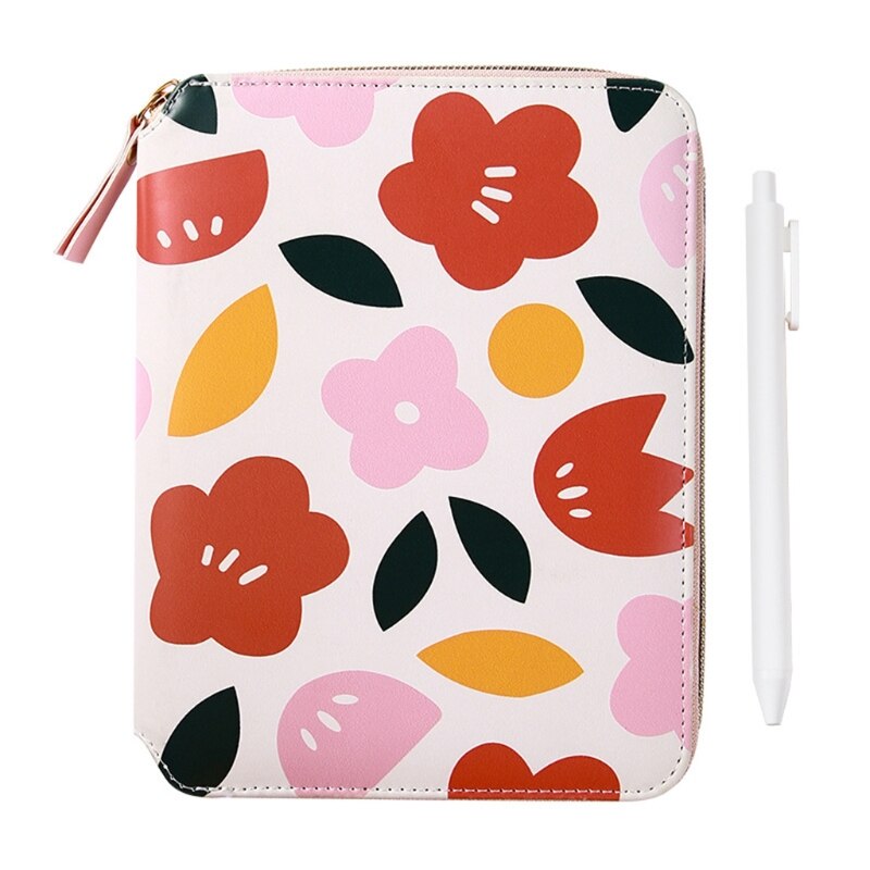 Cartoon Flower B6 Zipper Notebook Notepad with Pen Set Leather Planner Diary Journal Agenda Stationery: Rose Red