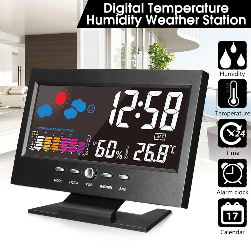 Weather Station Car Thermometer LCD Color Screen Indoor Temperature Humidity Calendar wiith UBS Cable Universal Alarm Clock: Default Title