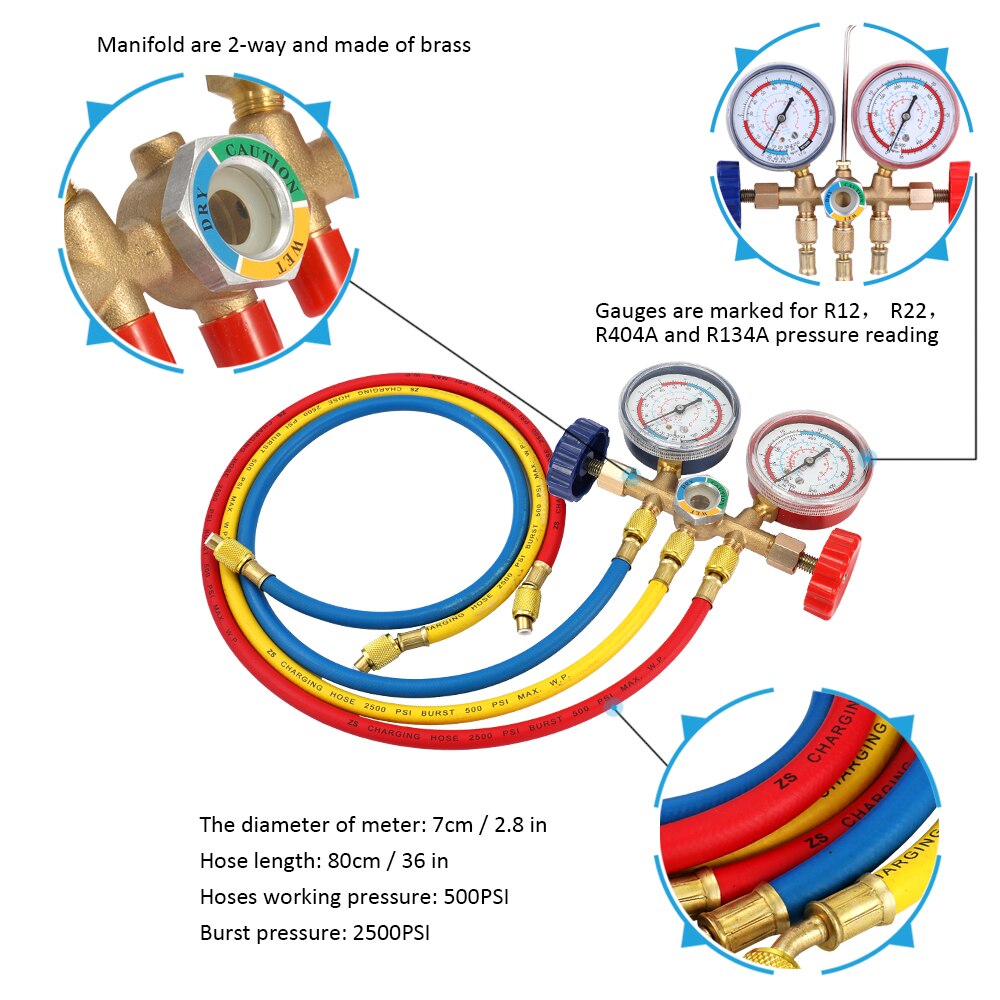CT-536 Refrigerant Manifold Gauge Set Air Conditioning Tools with Hose and Hook for R12 R22 R404A R134A