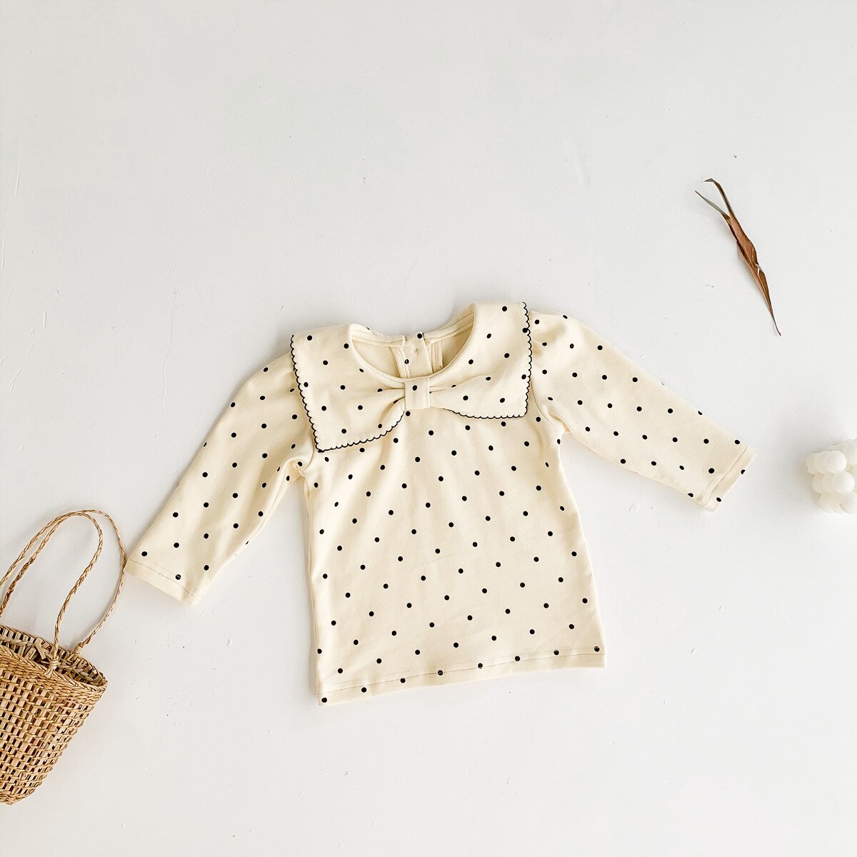 2022 Lente Herfst Pasgeboren Baby Meisjes T-shirt Mode Polka Dot Vlinder Kraag Kleding Baby Kids Lange Mouwen Katoenen Tops: beige / 9M