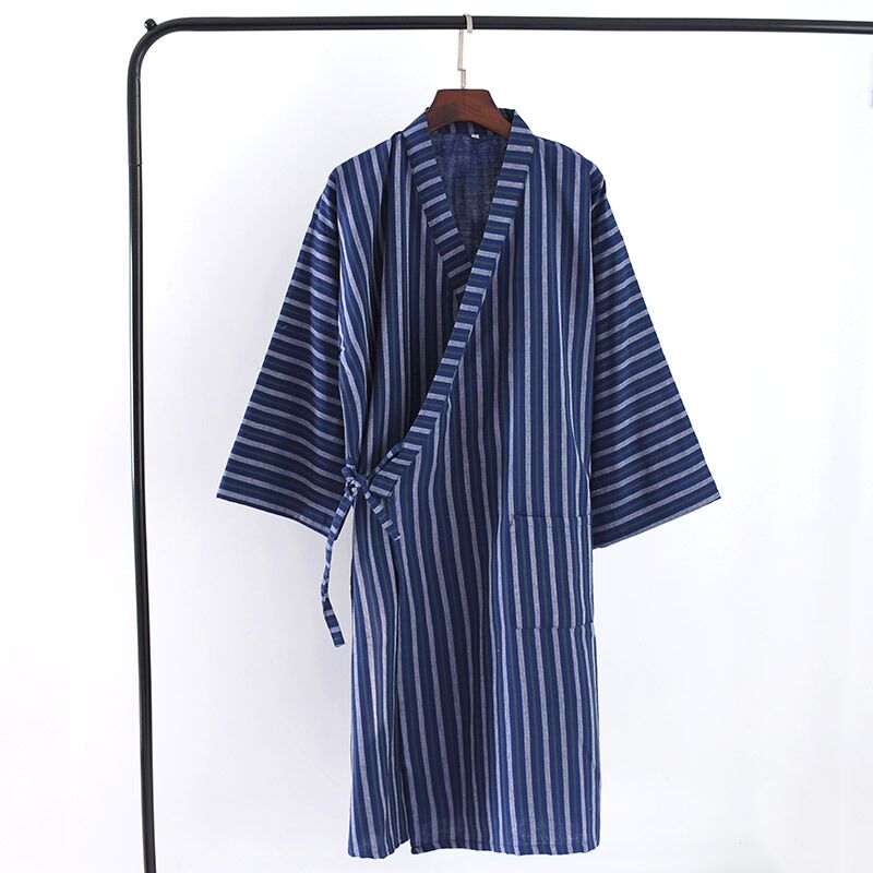 Blødt gaze bomuld herreklæde klassisk japansk stil kimono morgenkåber hjem morgenkåbe nattøj mandlige stribede badekåber: Grøn / M