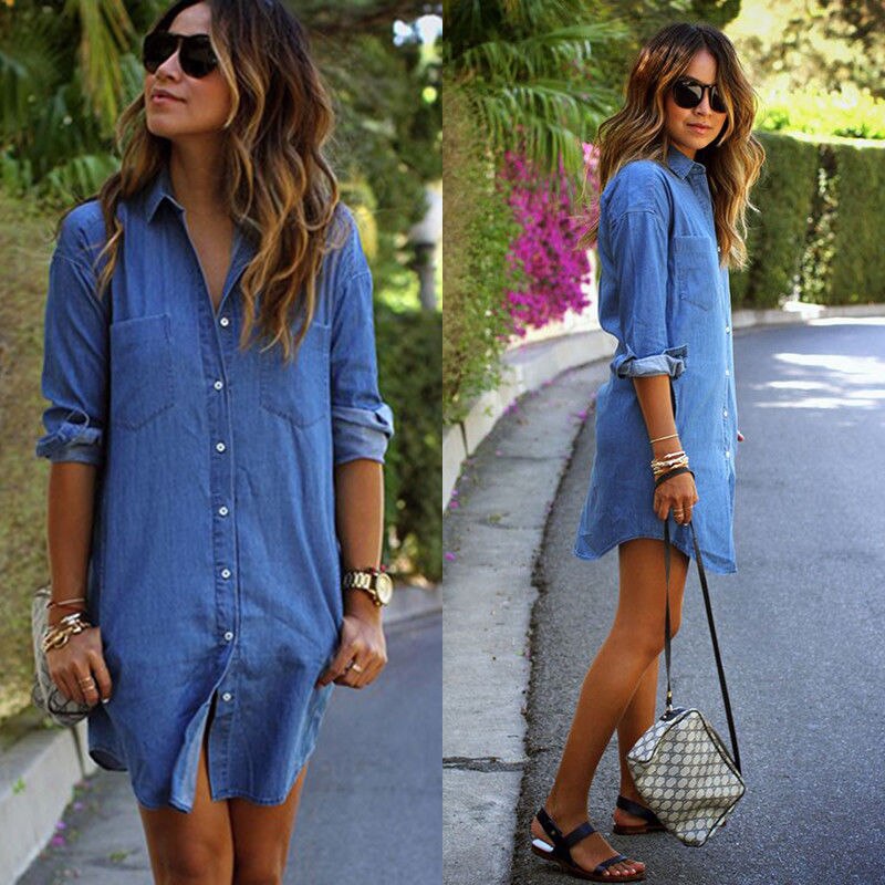 Women Denim Jeans Dress Button Summer Long Sleeve Casual Tops Mini Shirt Dress Bikini Cover Up Beachwear: XXL