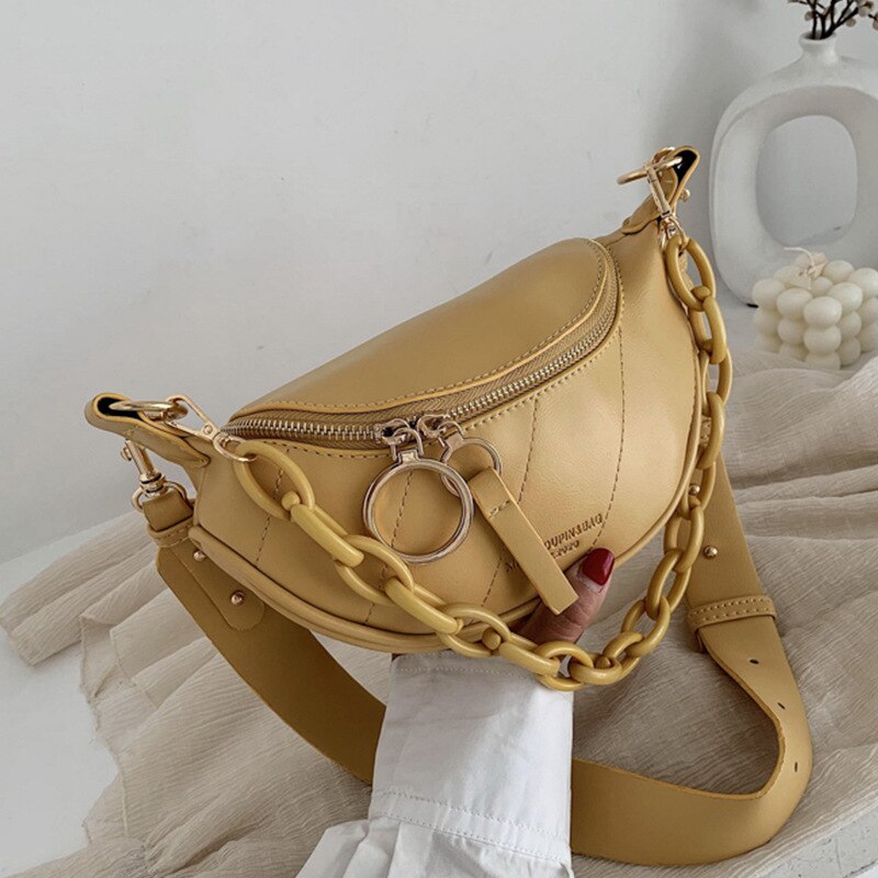 Shoulder Bag Women&#39;s Banana Pouch Solid Color PU Leather Chest Bag ladies Female Small Waist-Bag Black white Belt Bag: YELLOW