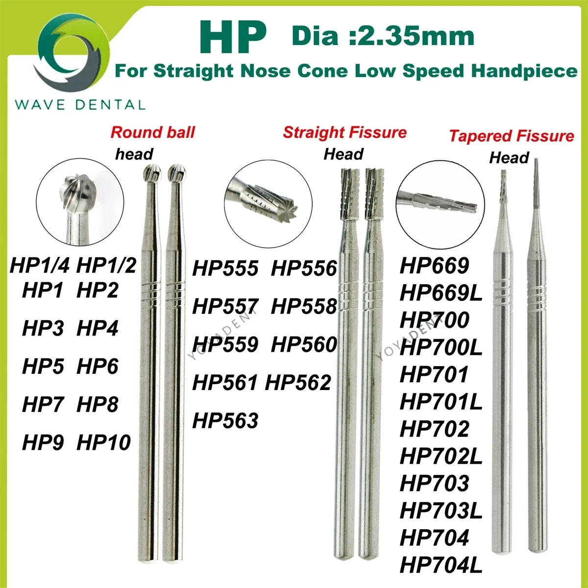 Fraises dentaires en carbure de tungstène WAVE, forets de dentisterie, fraise dentaire HP Dia 2.35mm pour cône à nez droit, pièce à main à basse vitesse 5 pièces/paquet