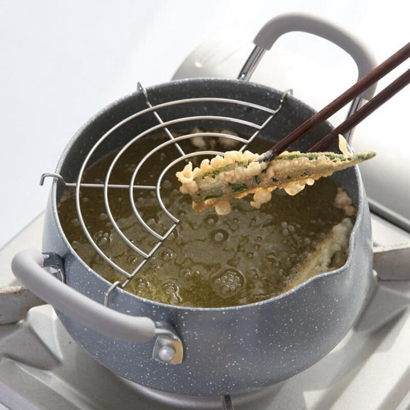 Tempura Frying Pot Japanese Style Deep Fryer Potable Frying Pots with Drain Rack Multi-Function Fryer Protable Non-Stick Pot Kit