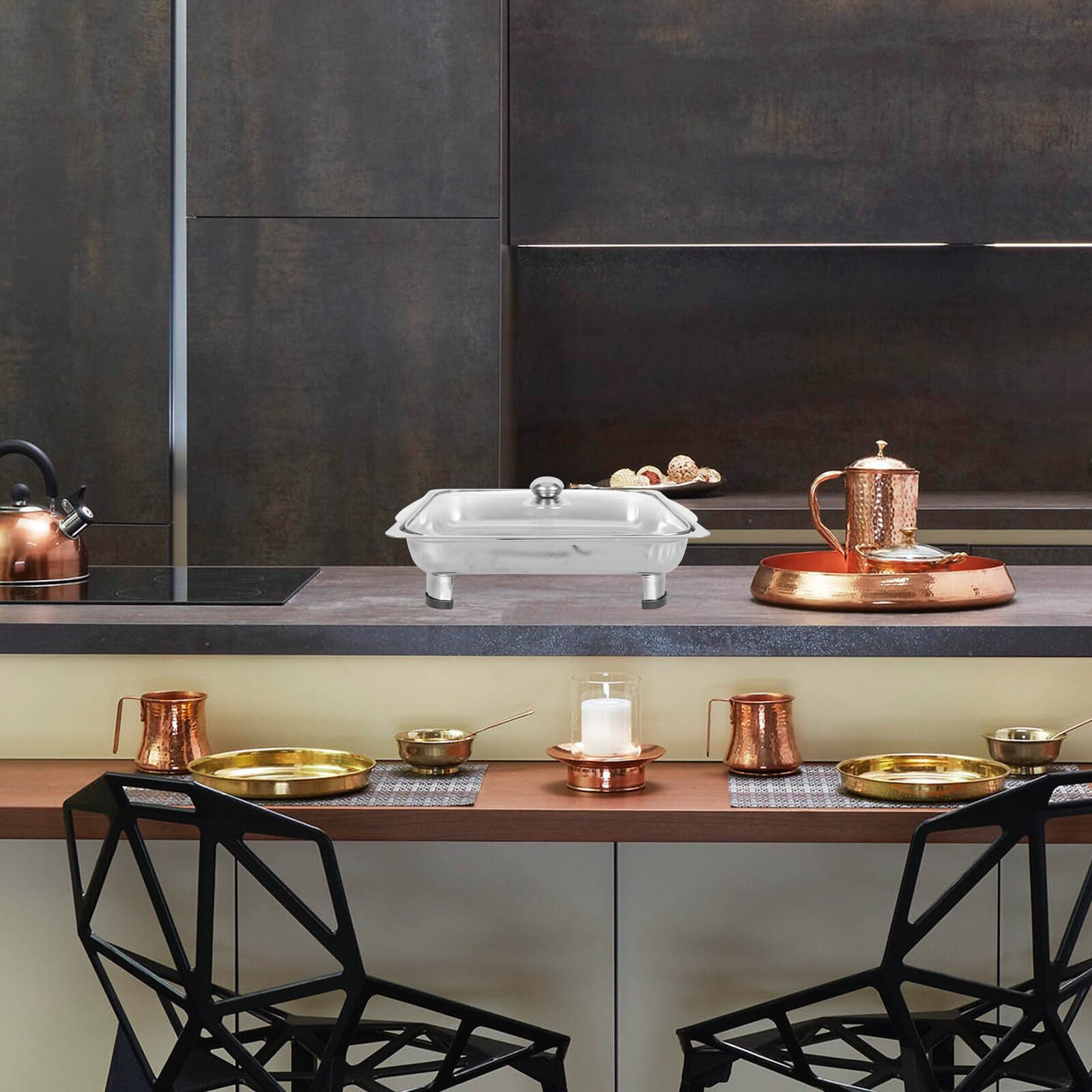 Covered Buffet Tray Stainless Steel Buffet Serving Tray Rectangular Canteen Tray Large Capacity Tray