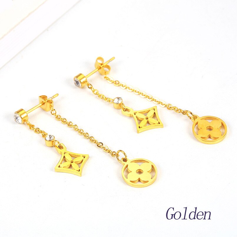 Bonito duplo flor brincos de gota para as mulheres de aço inoxidável pendientes cz brincos 2020 aretes collier feminino presente de casamento: gold