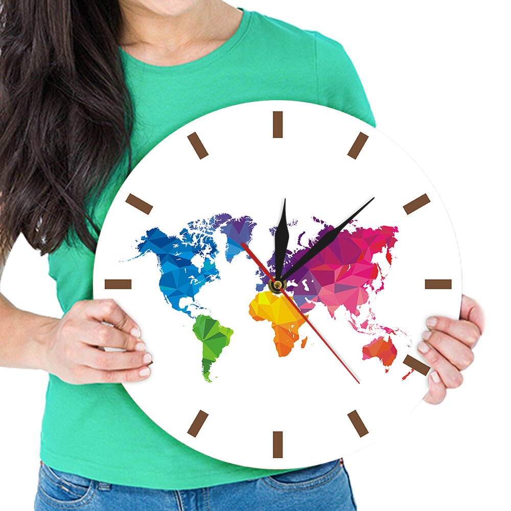 Modern World Map Silent Movement Wall Clock Travel Around the World Map Room Decorative Acrylic Hanging Round Clock