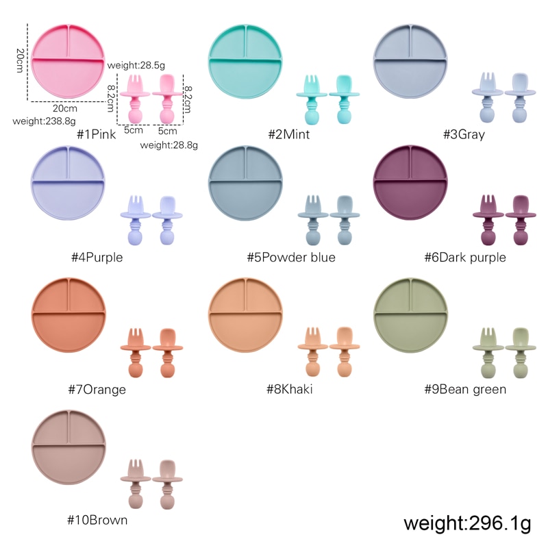 Solid Silicon Plate Set For Baby Kids Training Feeding Dinnerware Baby Learning Plate Set With Fork Spoon BPA Free