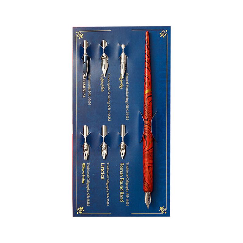 1 set marmeren houten manga kalligrafie kroontjespenhouder met 6 pennenpunten voor het schrijven van letters: Rood