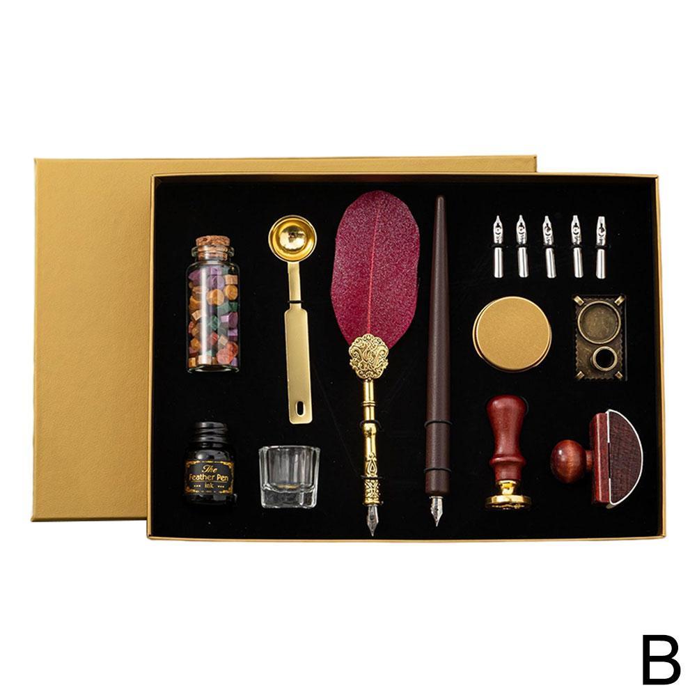 Vintage Feather Dip Fountain Pen Sets Calligraphy Writing Stamp Pen Set Ink Blotter Stationery Pen Holder Supplies Dip Scho M5r8: Red wine