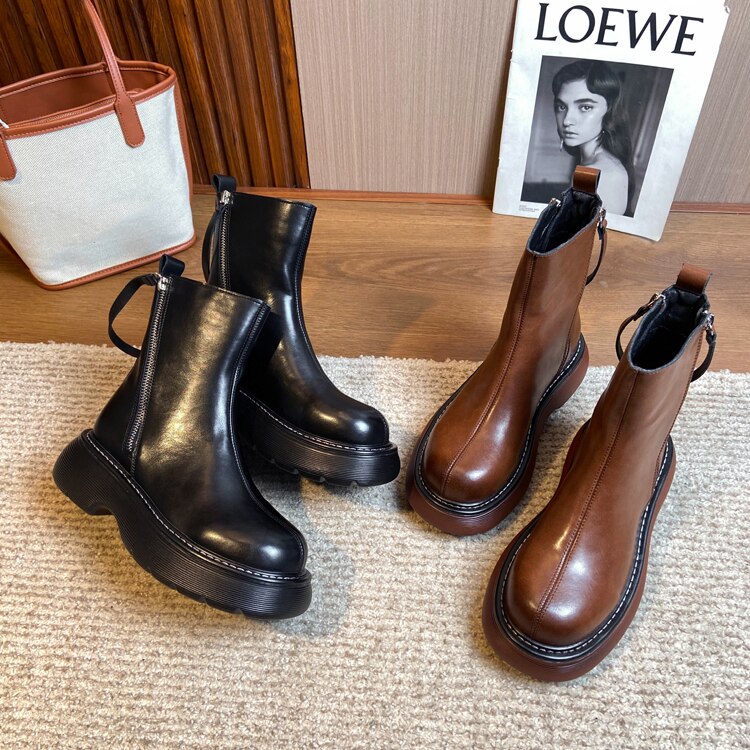 Thick Heel Platform Chelsea Boots for Women Zipper Boots Winter Round Toe Boots PU Leather Riding Boots