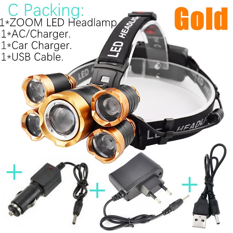 Most Powerful Induction ZOOM LED Headlight headlamp 5LED T6 Head Lamp Flashlight Torch head light Best For Camping, fishing: C Packing - Gold / Have 2x18650 Battery