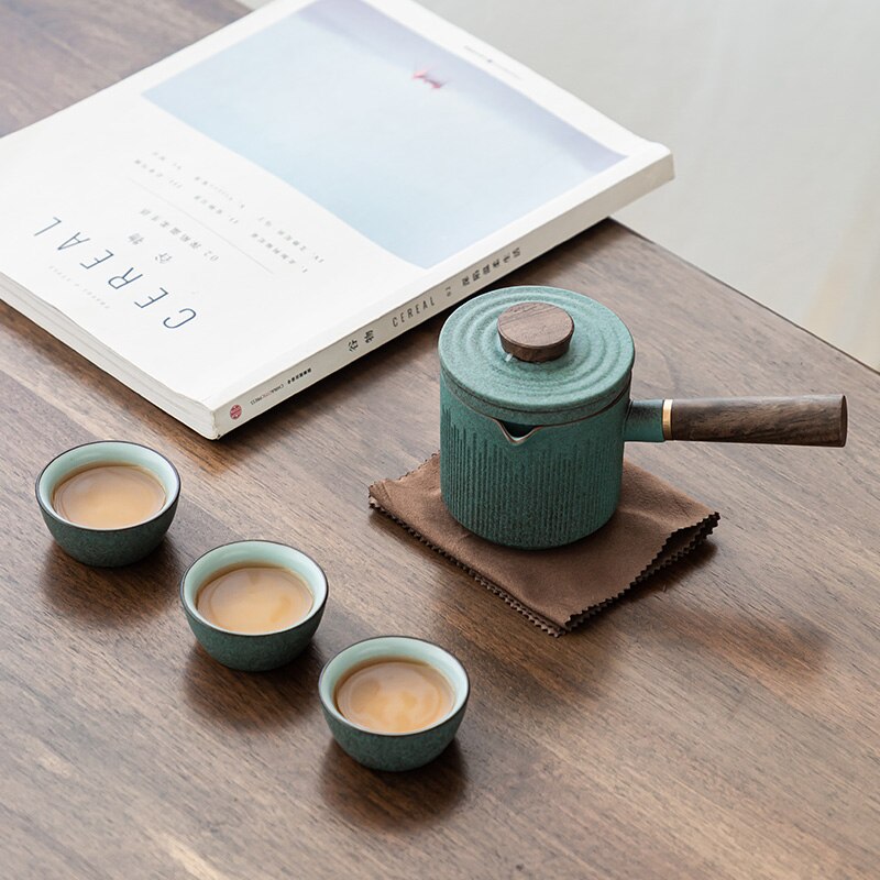 LUWU green ceramic kyusu teapots with 3 cups a tea sets portable travel tea set drinkware